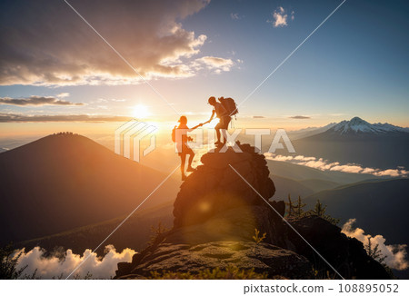 Hiker helping friend reach mountain top. Help and assistance concept. Silhouettes of two people climbing on mountain. assistance and teamwork and partnership. Hiker helping friend reach mountain top. Help and assistance concept. Silhouettes of two people climbing on mountain. assistance and teamwork and partnership. 108895052