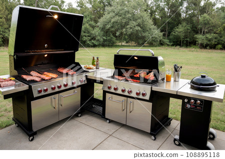 Barbecue Grill Pit. Outdoor barbecue, grill, roasted beef, sausages. summer grilling, barbecue, bbq and party. Barbecue Grill Pit. Outdoor barbecue, grill, roasted beef, sausages. summer grilling, barbecue, bbq and party. 108895118