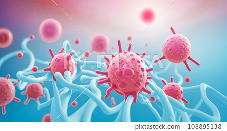 medical pharmaceutical research 3d background. Tumor microenvironment concept with cancer cells, nanoparticles, cancer associated fibroblast layer of tumor microenvironment normal cells 108895138