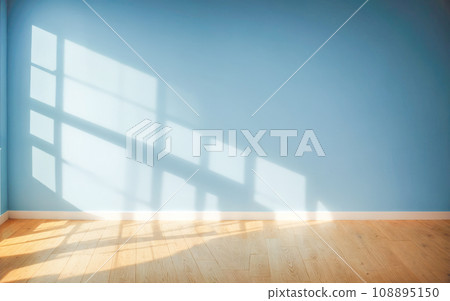 Product placement room. Blue turquoise empty wall and wooden floor with glare from window. Interior background for presentation. 108895150