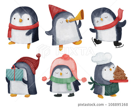 Penguin . Christmas theme . Watercolor paint cartoon characters . Isolated . Set 1 of 4 . illustration . Penguin . Christmas theme . Watercolor paint cartoon characters . Isolated . Set 1 of 4 . illustration . 108895168
