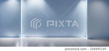 Universal minimalistic blue background for presentation. Product placement. light blue wall in interior with beautiful built-in lighting and tiled floor 108895185