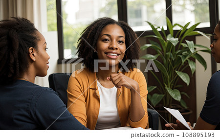 African American female counselor demonstrating empathy during a breakthrough session. mental healthcare counselor or life coach gives advice to client during session. Generative AI 108895193