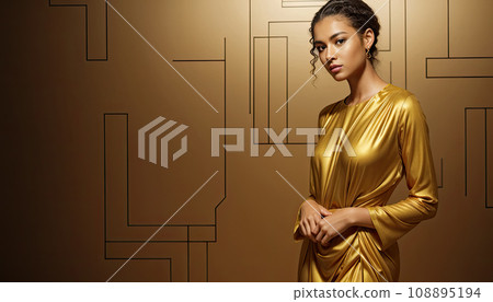 Fashion art Golden African American Woman portrait. Model young woman with golden Glamour shiny dress. Cosmetics, Gold jewelry, accessories. Beauty gold metallic body, Lips and Skin. Generative AI 108895194