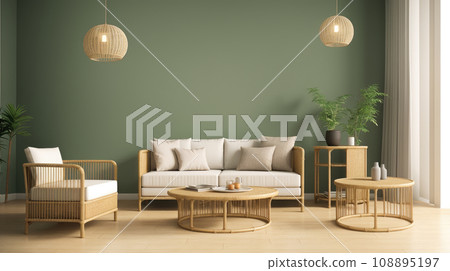 Luxury living room in house with modern interior design, green wall. stylish boho composition at living room interior with design gray sofa, wooden coffee table and elegant personal accessories. 108895197