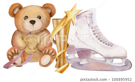 Hand drawn watercolor cute plush toy bear with figure skating boots, winter sports equipment. Illustration isolated on white background. Design poster, print, website, card, invitation, shop brochure Hand drawn watercolor cute plush toy bear with figure skating boots, winter sports equipment. Illustration isolated on white background. Design poster, print, website, card, invitation, shop brochure 108895952