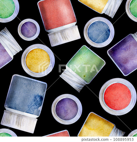Watercolor hand drawn illustration, kids children painting materials supplies, color gouache acrylic ink tempera bottles. Seamless background isolated on black. For school, party, cards, website, shop Watercolor hand drawn illustration, kids children painting materials supplies, color gouache acrylic ink tempera bottles. Seamless background isolated on black. For school, party, cards, website, shop 108895953