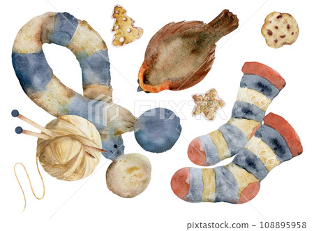Hand drawn watercolor illustration. Knitted scarf, socks, yarn ball with needles, robin bird, homemade gingerbread cookies. Composition isolated on white background. For shop, logo, print, paper, card 108895958