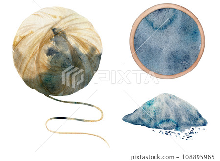 Hand drawn watercolor indigo coloring natural plant dye and materials for hobby, handmade fabric. Illustration isolated composition, white background. Shop logo, print, website, business card, booklet Hand drawn watercolor indigo coloring natural plant dye and materials for hobby, handmade fabric. Illustration isolated composition, white background. Shop logo, print, website, business card, booklet 108895965