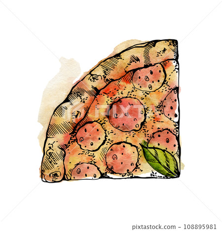 Hand drawn watercolor ink illustration. Pepperoni pizza slice, mozzarella tomato basil, Italian cuisine. Single object isolated on white. Design restaurant menu cafe, food shop package, flyer print. 108895981