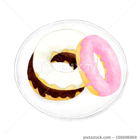 A set of chocolate-covered donuts. Hand-drawn watercolor illustrations of sweets and sweets. 108896069