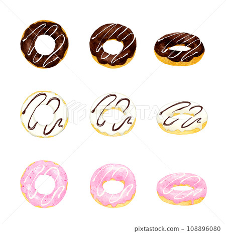 A set of chocolate-covered donuts. A collection of hand-drawn watercolor illustrations of sweets and sweets. 108896080