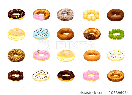 Set of various donuts. Collection of hand-drawn watercolor illustrations of sweets and sweets. Set of various donuts. Collection of hand-drawn watercolor illustrations of sweets and sweets. 108896084