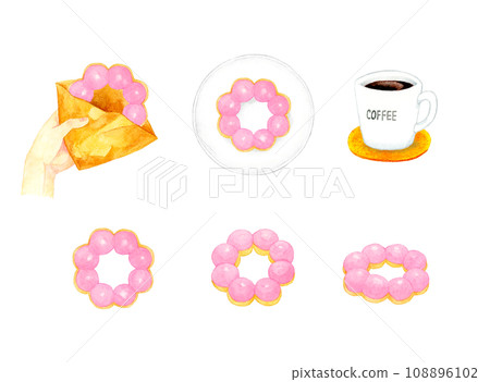 一組草莓巧克力耐嚼甜甜圈一套手繪水彩糖果插畫。 一組草莓巧克力耐嚼甜甜圈一套手繪水彩糖果插畫。 108896102