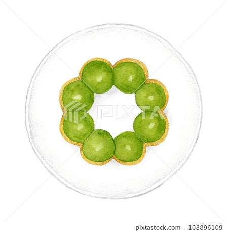 Matcha chocolate chewy donut on a plate, hand-drawn watercolor illustration of sweets and sweets 108896109