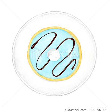 盤子上的淺藍色巧克力甜甜圈，手繪水彩插圖的糖果和糖果 108896166