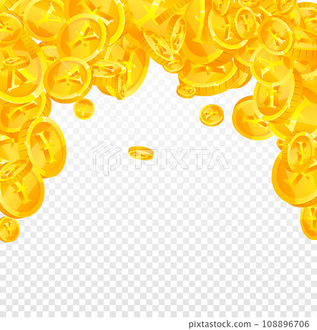 Japanese yen coins falling. Scattered gold JPY coins. Japan money. Great business success concept. Square vector illustration. Japanese yen coins falling. Scattered gold JPY coins. Japan money. Great business success concept. Square vector illustration. 108896706