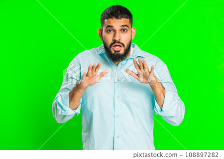 Strict Indian man warning hands gesture, saying no, be careful, advice to avoid danger, caution Strict Indian man warning hands gesture, saying no, be careful, advice to avoid danger, caution 108897282