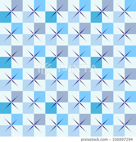 Checker board, star shape abstract seamless pattern. Decorative geometrical square grid. Blue tones colour palette. Graphical ornamental background. Vector 108897294