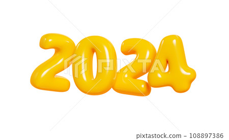 2024 inflatable balloon text 3d render illustration. Cartoon yellow glossy number for 2024 New Year and Christmas greeting or sale design, party invitation. Xmas decoration element. 108897386
