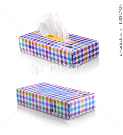 Set of colored box with paper napkins isolated on white background Set of colored box with paper napkins isolated on white background 108897420
