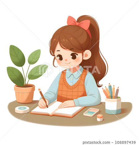 女孩在筆記本上寫字，簡單可愛的插圖，AI 生成的圖像 108897439