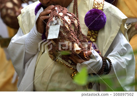 Choito Daigoma Shugendo blowing the conch shell Choito Daigoma Shugendo blowing the conch shell 108897502