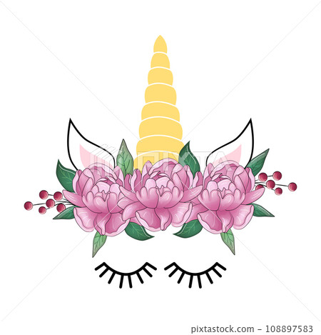 Cute unicorn head with flower crown. Cute unicorn head with flower crown. 108897583
