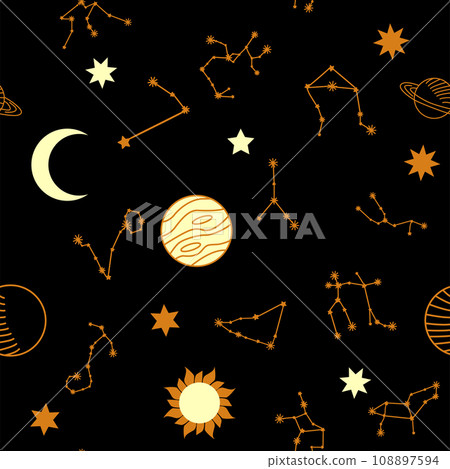 Magic seamless pattern with constellations, sun, moon, magic eyes, clouds and stars. Mystical esoteric 108897594