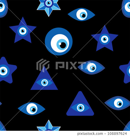 Evil eye Heavenly seamless pattern with suns, moons, stars, palms. For textiles, souvenirs, household goods. Evil eye Heavenly seamless pattern with suns, moons, stars, palms. For textiles, souvenirs, household goods. 108897624