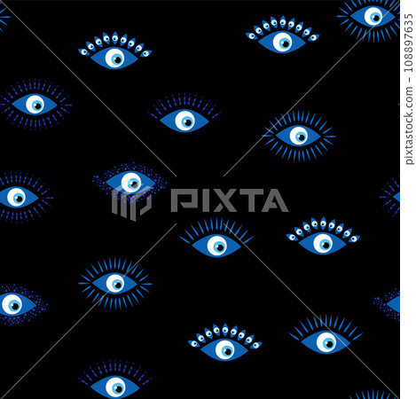 Evil eye Heavenly seamless pattern with suns, moons, stars, palms. For textiles, souvenirs, household goods. Evil eye Heavenly seamless pattern with suns, moons, stars, palms. For textiles, souvenirs, household goods. 108897635