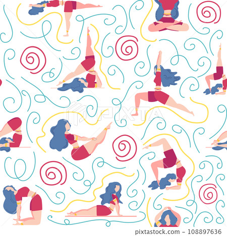 Seamless pattern Plus size curvy girls doing yoga class. Online home workout concept. Body positive 108897636