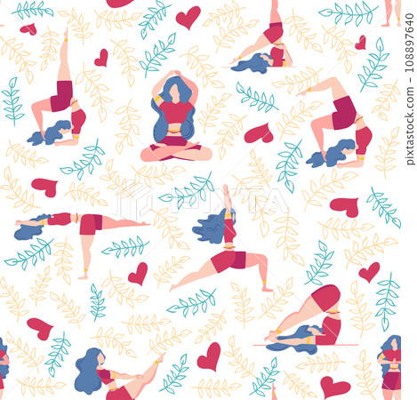 Seamless pattern Plus size curvy girls doing yoga class. Online home workout concept. Body positive 108897640