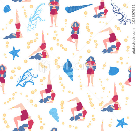 Seamless pattern Plus size curvy girls doing yoga class. Online home workout concept. Body positive 108897651