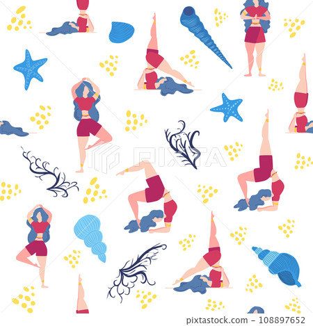 Seamless pattern Plus size curvy girls doing yoga class. Online home workout concept. Body positive 108897652