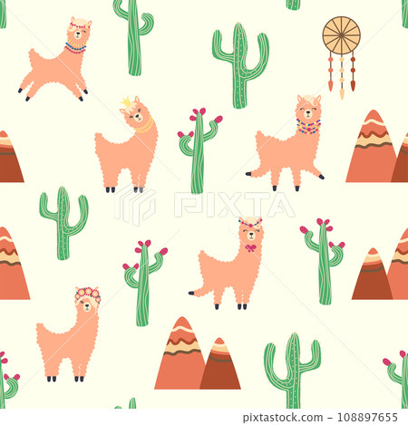 Cute pattern with llamas, cacti, Alps mountains, dream catcher, rainbows and hearts. Children s room design 108897655