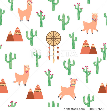 Cute pattern with llamas, cacti, Alps mountains, dream catcher, rainbows and hearts. Children s room design 108897658