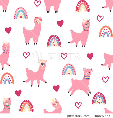 Cute pattern with llamas, cacti, Alps mountains, dream catcher, rainbows and hearts. Children s room design 108897663
