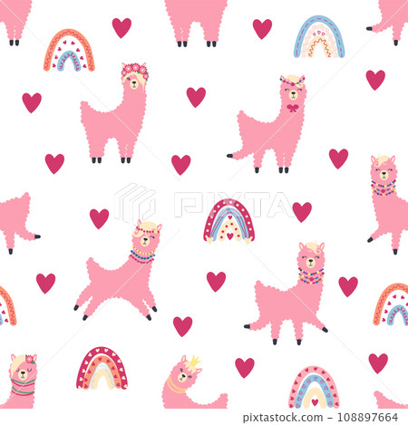 Cute pattern with llamas, cacti, Alps mountains, dream catcher, rainbows and hearts. Children s room design 108897664