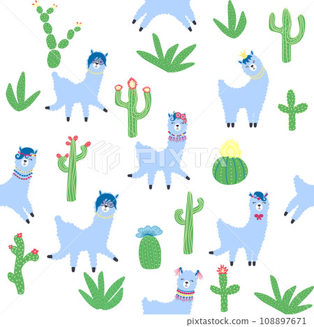 Cute pattern with llamas, cacti, Alps mountains, dream catcher, rainbows and hearts. Children s room design Cute pattern with llamas, cacti, Alps mountains, dream catcher, rainbows and hearts. Children s room design 108897671