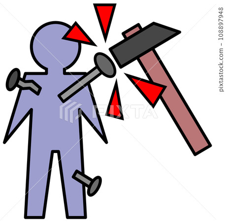 一幅可怕的插圖，用錘子將釘子釘入娃娃，並咒罵或怨恨。 108897948