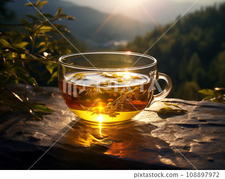 Tea cup with tea leaf on the wooden table and the tea plantations background on sunset Tea cup with tea leaf on the wooden table and the tea plantations background on sunset 108897972