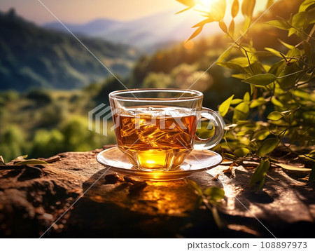 Tea cup with tea leaf on the wooden table and the tea plantations background on sunset Tea cup with tea leaf on the wooden table and the tea plantations background on sunset 108897973
