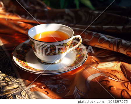 Freshly brewed black tea in a ceramic cup with a pattern, on a carpet background, colored tablecloth, dark background. 108897975