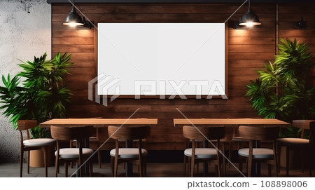 Empty mockup of empty picture frame hanging on the wall of a modern living room, interior with features, modern furniture at cafe or restaurant. Generative AI 108898006