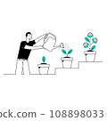 Money trees with coins in pot. Man with watering can for grow currency. Business investment concept. Line trendy illustration 108898033