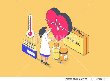Medicine concept in 3d isometric design. Woman works as cardiologist, examining heart and heartbeat, diagnosing and prescribing pills. Illustration with isometry people scene for web graphic. Medicine concept in 3d isometric design. Woman works as cardiologist, examining heart and heartbeat, diagnosing and prescribing pills. Illustration with isometry people scene for web graphic. 108898312