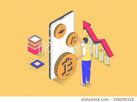 Cryptocurrency concept in 3d isometric design. Man buying crypto coins, investing money in bitcoins, increases income at profit graph. Illustration with isometry people scene for web graphic. 108898328