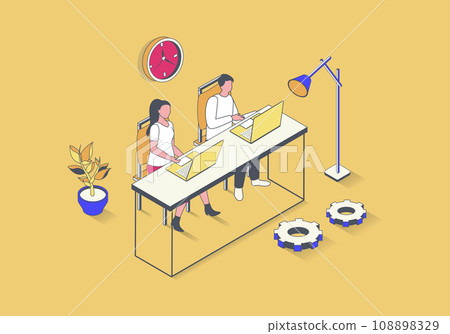 Coworking space concept in 3d isometric design. Colleagues work with laptops in open office together, collaborating in team at project. Illustration with isometry people scene for web graphic. 108898329