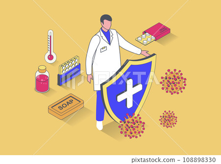 Stop coronavirus concept in 3d isometric design. Doctor with shield protects health from virus, makes vaccination and flu prevention. Illustration with isometry people scene for web graphic. 108898330